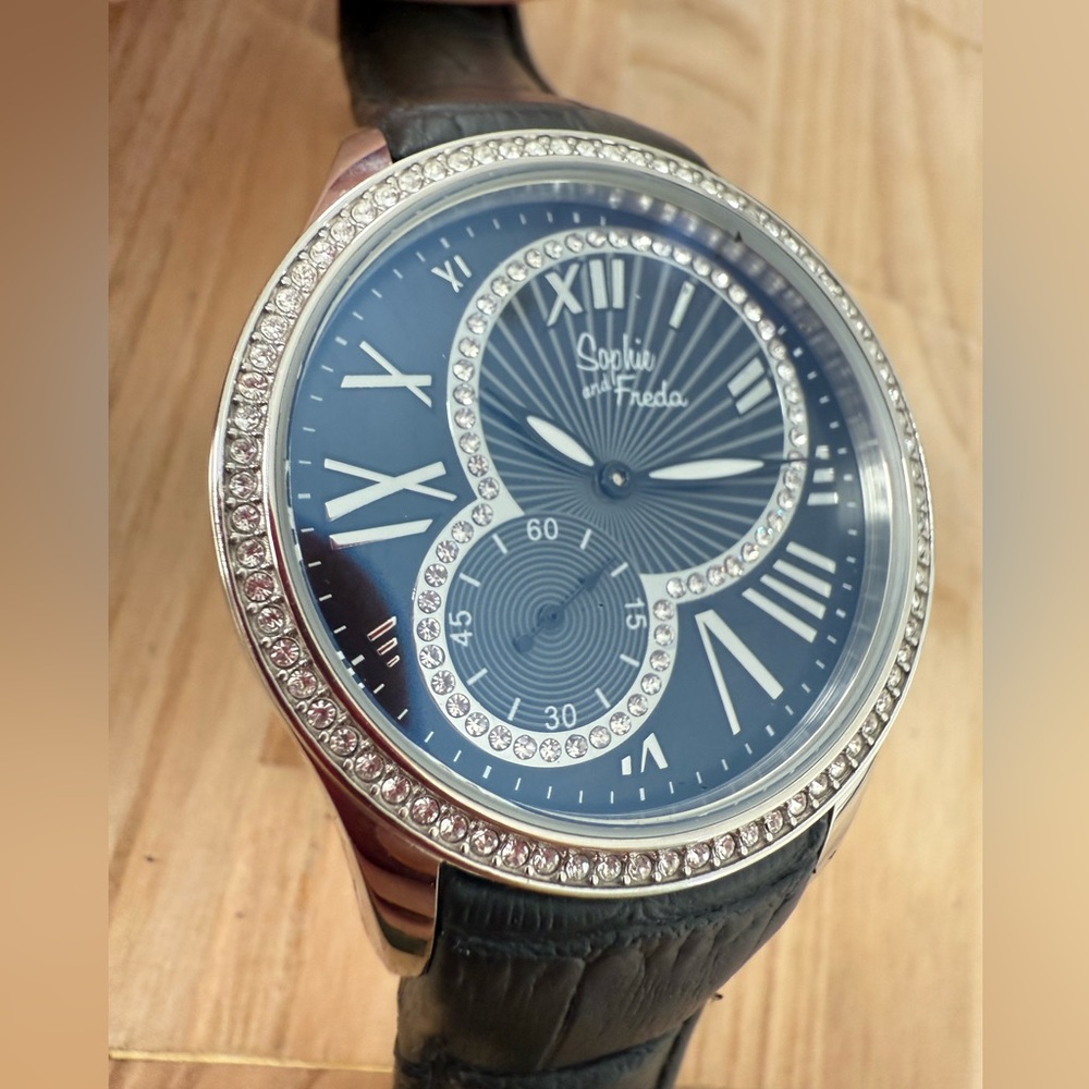 Sophie and Freda ladies stainless steel black leather watch NEW BATTERY